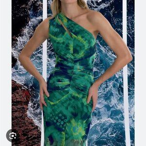 Donna Morgan Green Blue Asymmetrical Ruched Sheath Dress